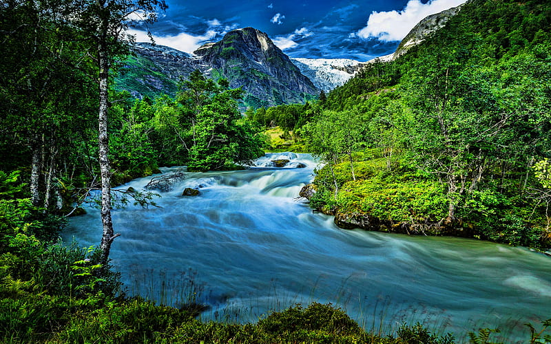 Norway, beautiful nature, R, mountain river, forest, mountains, summer, Europe, norwegian nature, HD wallpaper