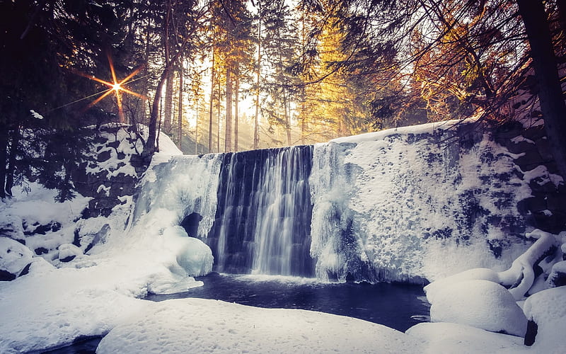 winter, waterfall, snow, sunset, ice, forest, HD wallpaper