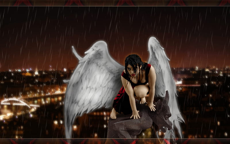 Gothic Angel, goth, wings, dress, girl, gothic, angel, gargoyle, black, HD wallpaper