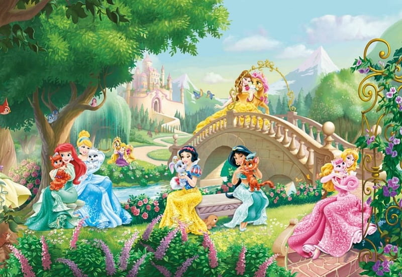 Disney princesses and pets, aurora, snow white, belle, yellow, palace, pets, jasmine, girl, green, ariel, garden, princess, pink, disney, blue, HD wallpaper