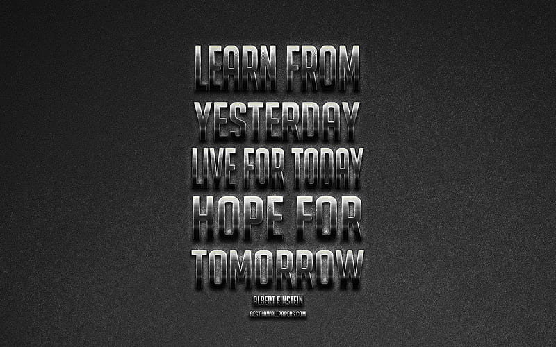 Learn from yesterday live for today hope for tomorrow, Albert Einstein quotes, metallic art, popular quotes, gray background, motivation, quotes about life, HD wallpaper