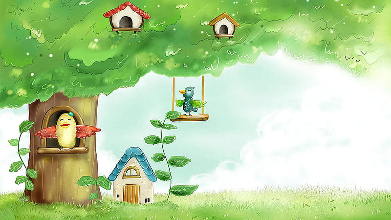 Artistic Of Birds House Cartoon, HD wallpaper