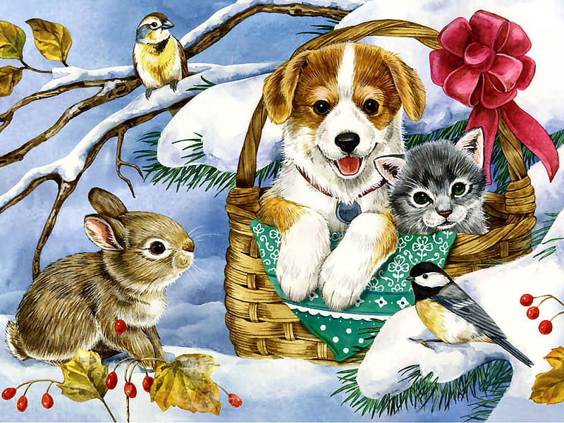 Basket of Love - Pets FC, bonito, illustration, artwork, canine, animal, chickadee, painting, wide screen, sparrow, art, rabbit, songbirds, pets, winter, feline, snow, bunny, cats, dogs, HD wallpaper