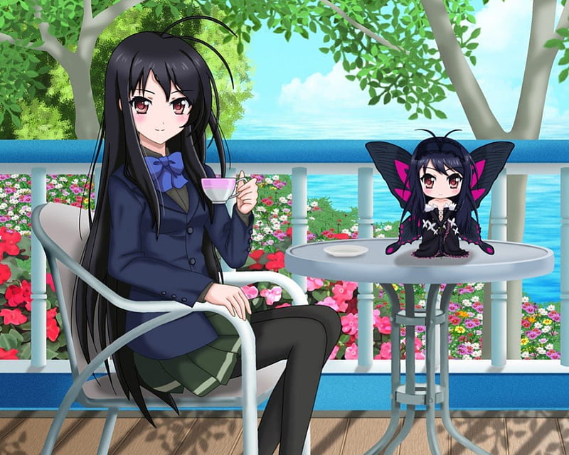 Kuroyukihime, pretty, plant, wing, tea, sweet, floral, nice, accel world, butterfly, anime, beauty, anime girl, chair, long hair, table, wings, lovely, ribbon, gown, skirt, sky, sexy, cute, water, garden, cup, scenic, dress, divine, bonito, elegant, sea, blossom, hot, scenery, gorgeous, female, cloud, view, tree, girl, flower, petals, scene, HD wallpaper