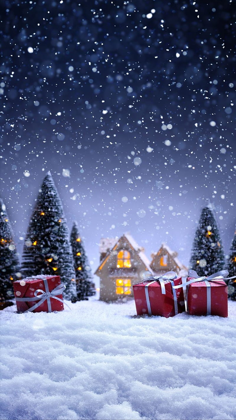 Gifts, snow, winter, red, boxes, house, trees, christmas, HD phone wallpaper