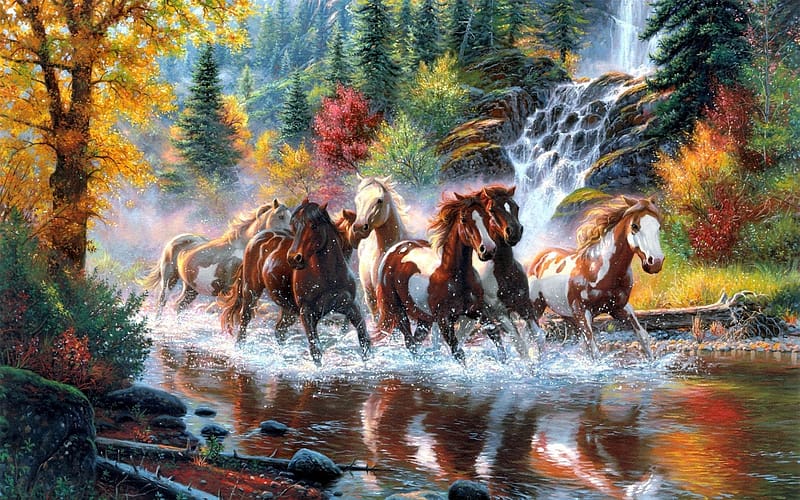 Running horses, horse, art, running, pictura, autumn, cal, water, river, painting, toamna, HD wallpaper