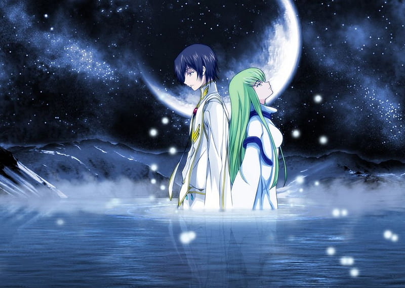 Middle of the night,with you..., moon, boy, water, girl, anime, sky, HD wallpaper