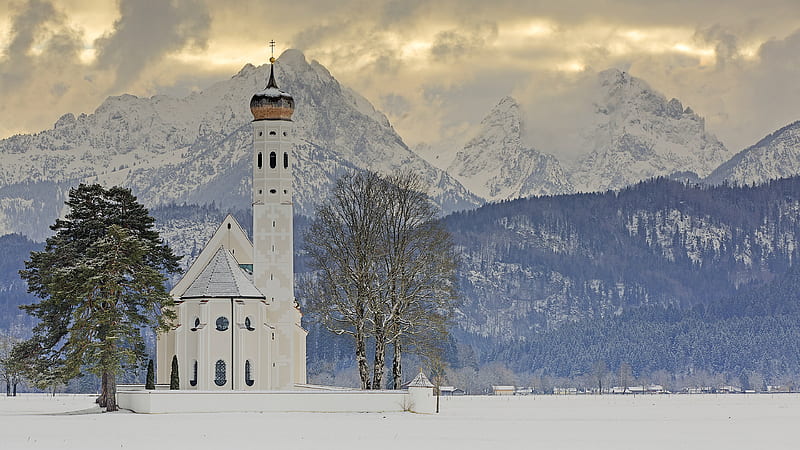 Alps Bavaria Church Germany Schwangau During Winter Travel, HD wallpaper