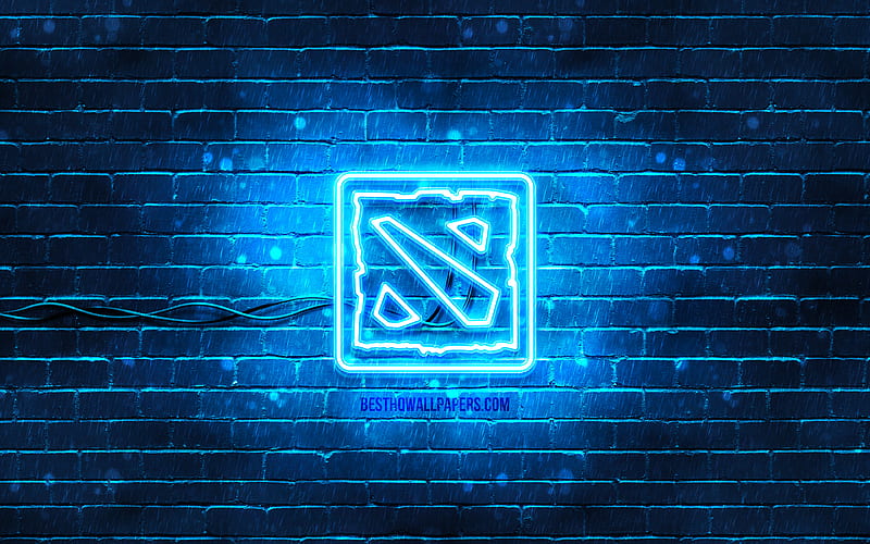 Dota 2 blue logo blue brickwall, Dota 2 logo, artwork, Dota 2 neon logo, Dota 2, HD wallpaper