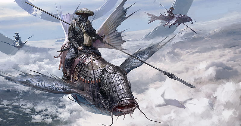 Flying fish, luminos, pesti, asian, man, sky, su jian, wings, fish, fantasy, HD wallpaper