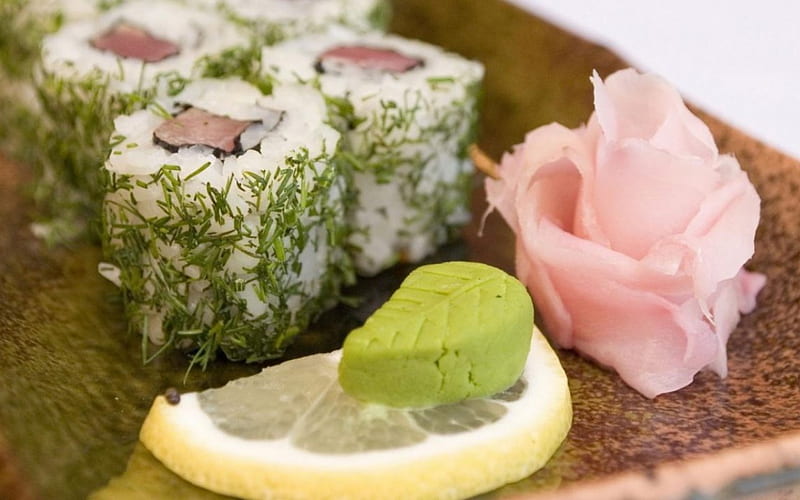 Sushi, fennel, delicious, food, wasabi, lemon, HD wallpaper