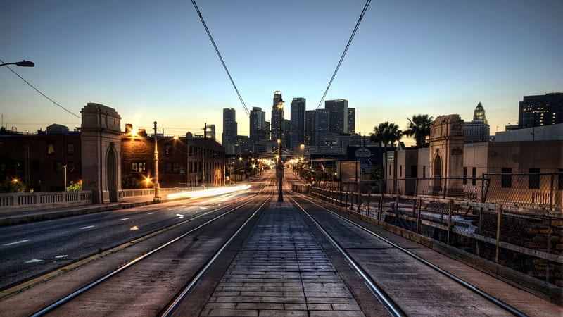trolley tracks over a city bridge r, dawn, city, bridge, r, tracks, light, HD wallpaper