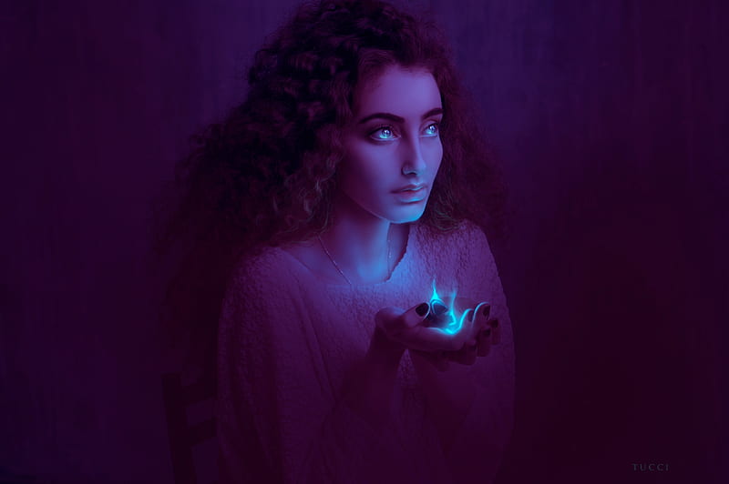 Death of a butterfly, luminos, girl, purple, butterfly, hand, face, flo tucci, blue, frumusete, HD wallpaper