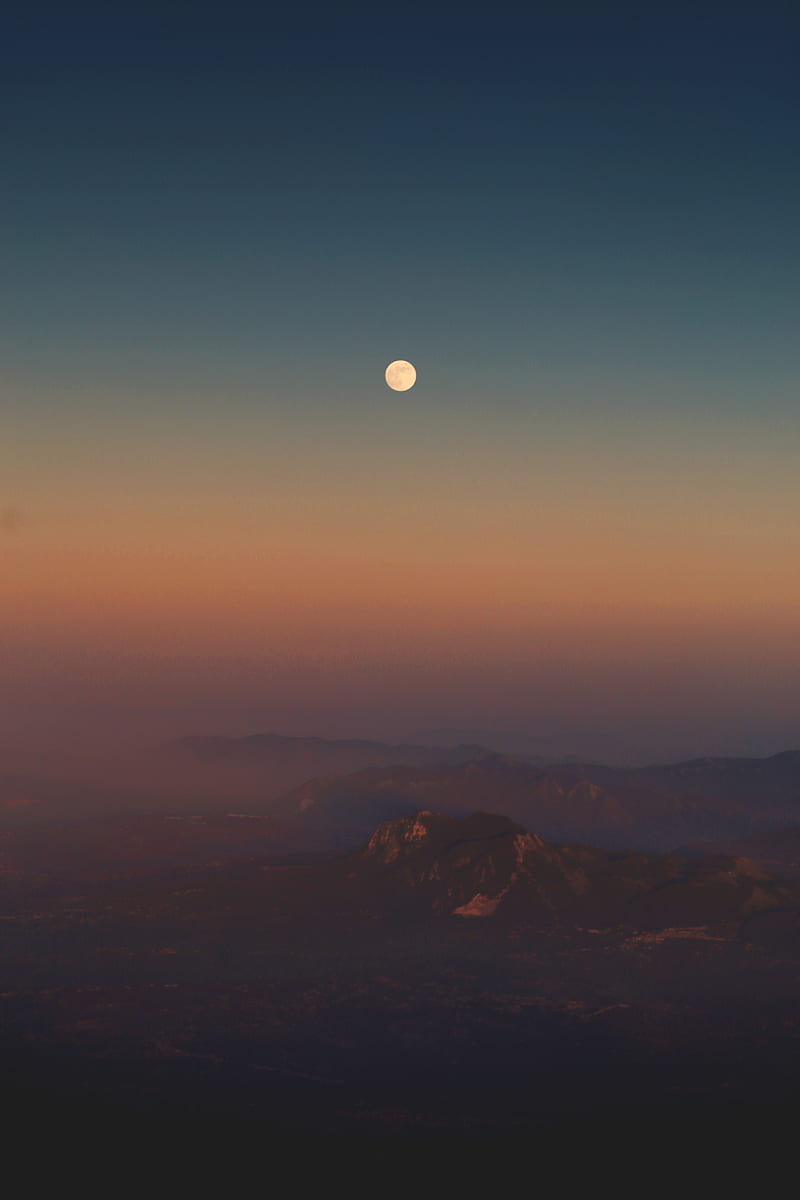 mountains, fog, height, dusk, moon, HD phone wallpaper