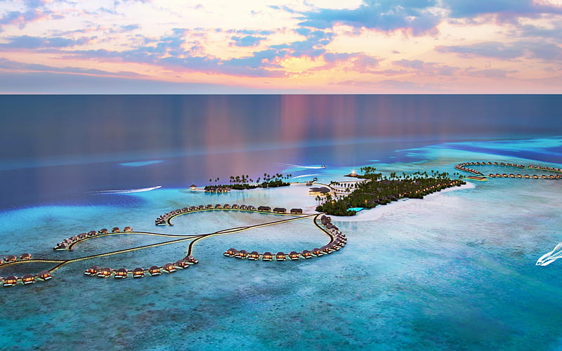 Maldives, ocean, tropical islands, luxury hotel, bungalow, evening, sunset, skyline, HD wallpaper