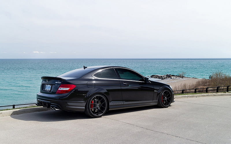 Mercedes-Benz C63 Coupe, AMG, rear view, black sports coupe, tuning c-class, black C63, German cars, black wheels, Mercedes, HD wallpaper