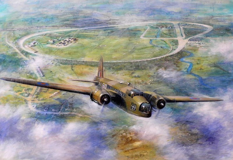 Wellington Bomber Flying Over Brooklands, guerra, motor racing, plane, circuit, painting, wellington, brooklands, military, bomber, HD wallpaper