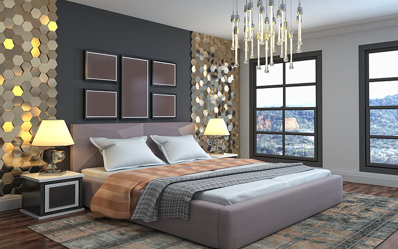 Bedroom project, modern interior design, stylish interior design, bedroom,  golden 3d elements on the wall, HD wallpaper | Peakpx