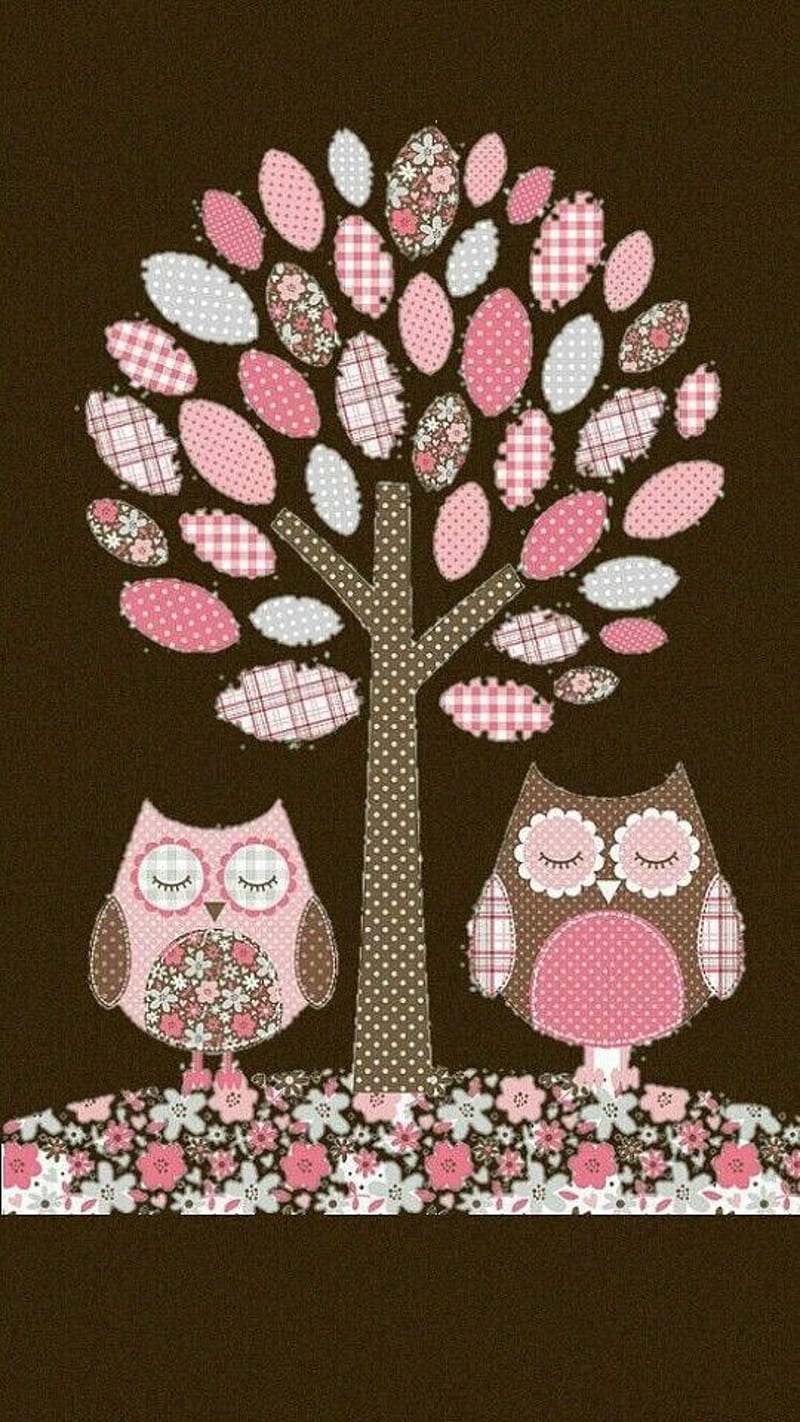 pink, drawning, floral, owls, pattern, tree, HD phone wallpaper