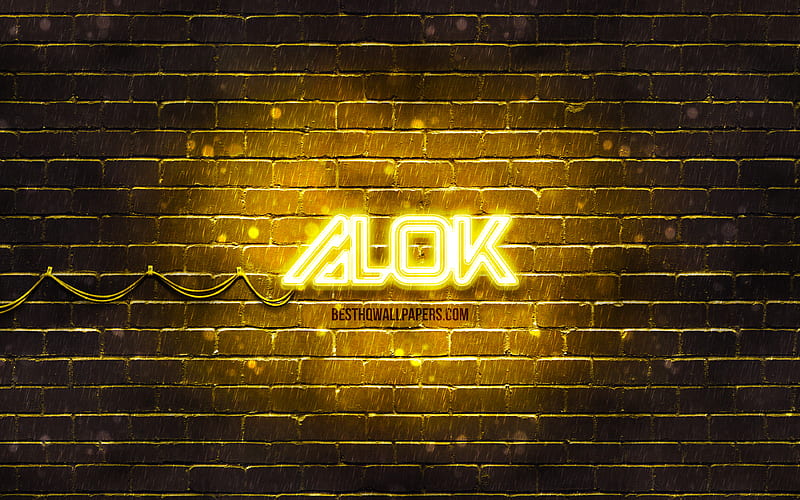 Alok yellow logo superstars, brazilian DJs, yellow brickwall, Alok new logo, Alok Achkar Peres Petrillo, Alok, music stars, Alok neon logo, Alok logo, HD wallpaper