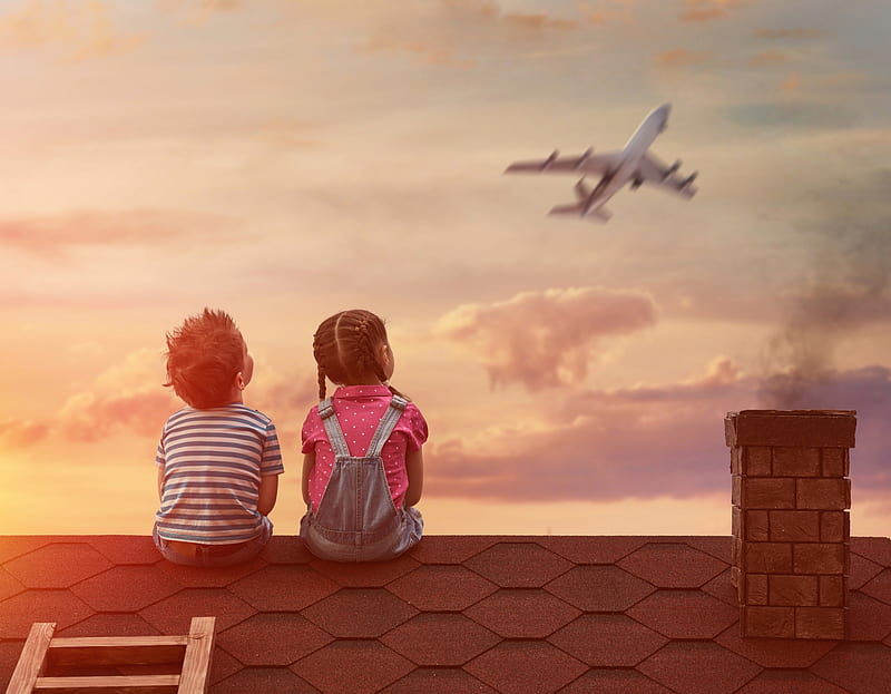 Best Friends Boy Roof Airplane Girl Children Copil Sky Couple Hd Wallpaper Peakpx