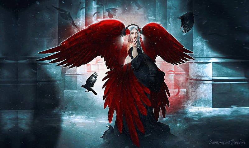 Red Raven Fantasy Girl, wings, fantasy, Raven, red, fantasy girl, Magical, HD wallpaper