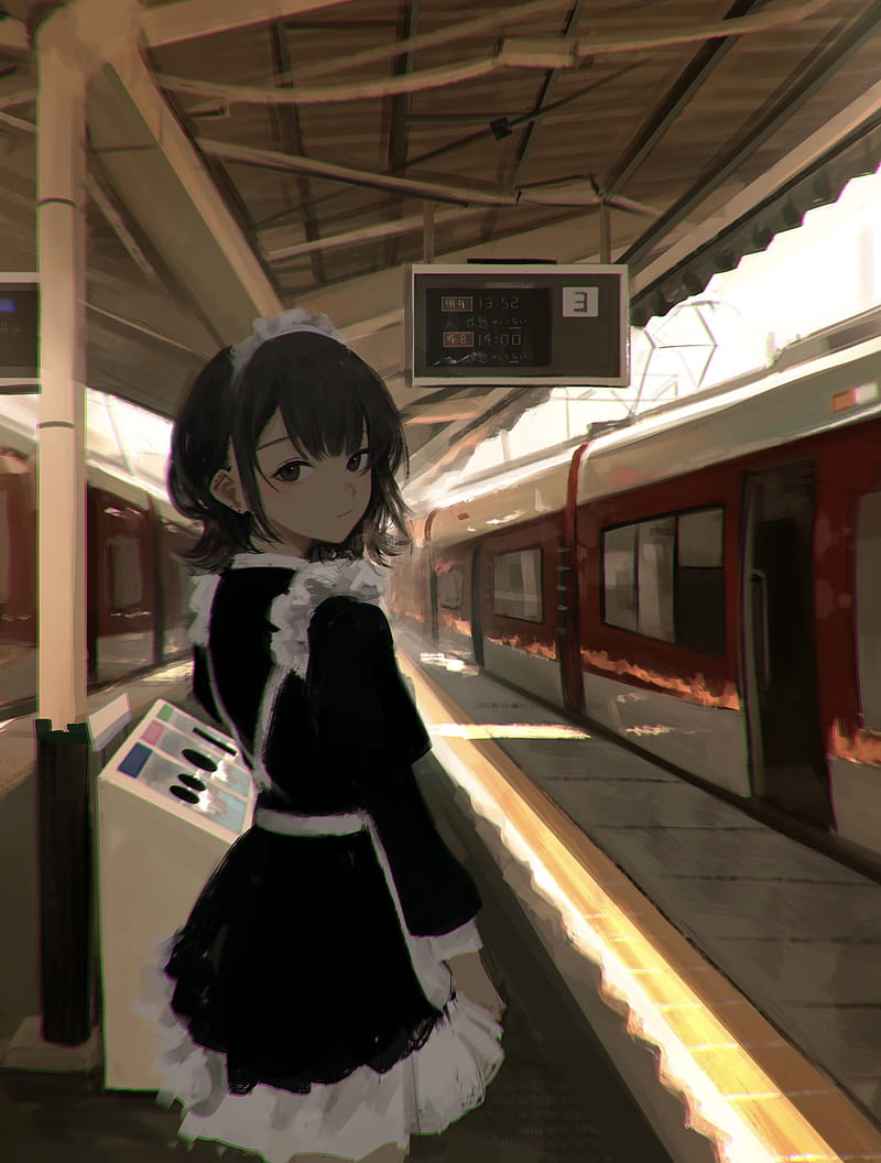 anime maid girl, train station, short hair, trip, earrings, moody, Anime, HD phone wallpaper
