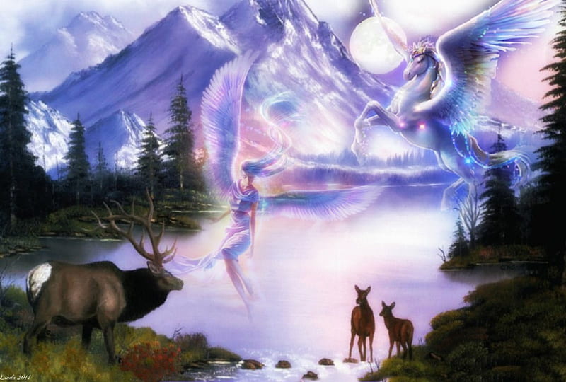 Livin' in a fantasy world, mountain, fantasy, Pegasus, fairy, deer, HD wallpaper