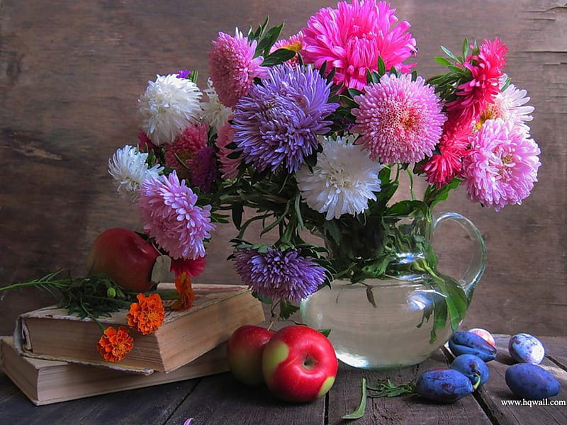 Flower Power, books, pitcher, mix, whites, still life, flowers, pinks, purples, blooms, plums, variety, table, beauties, clear, apples, glass, water, bouquet, colours, reds, HD wallpaper