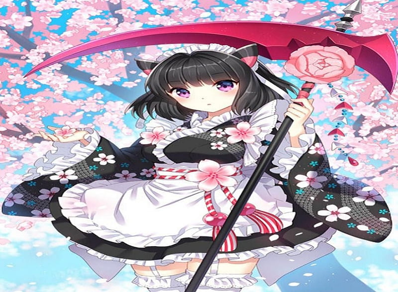 Shinigami Maid, sakura, japanese, nardack, cherry blossom, cute, japan, shinigami, girl, maid, HD wallpaper