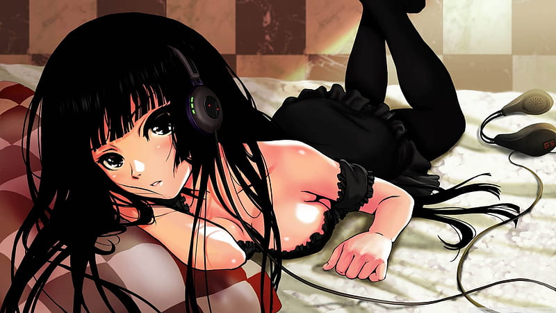 Music, headphones, black, chick, sexy, hair, girl, anime, hot, HD wallpaper