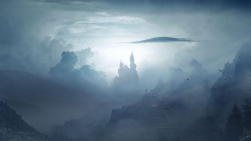 castle, clouds, fog, mountains, art, HD wallpaper