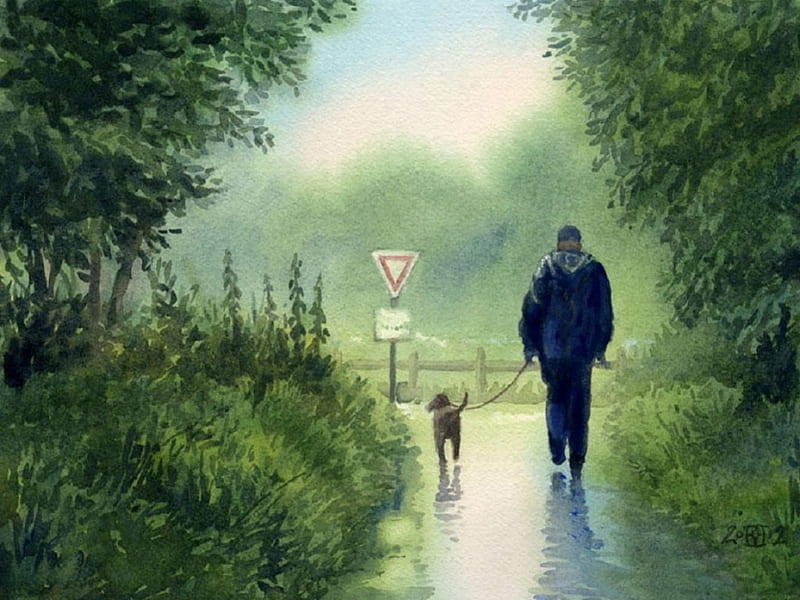 Walking In Nature, rain, Painting, Dog, Nature, HD wallpaper