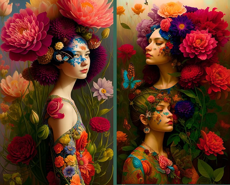 Flower Power Girls, lady, art, pretty, red, floral, girls, AI, beauty, dress, HD wallpaper