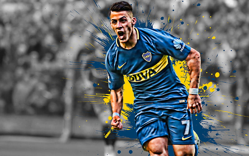 Cristian Pavon Argentinian football player, Boca Juniors, striker, blue paint splashes, creative art, Argentina, football, HD wallpaper