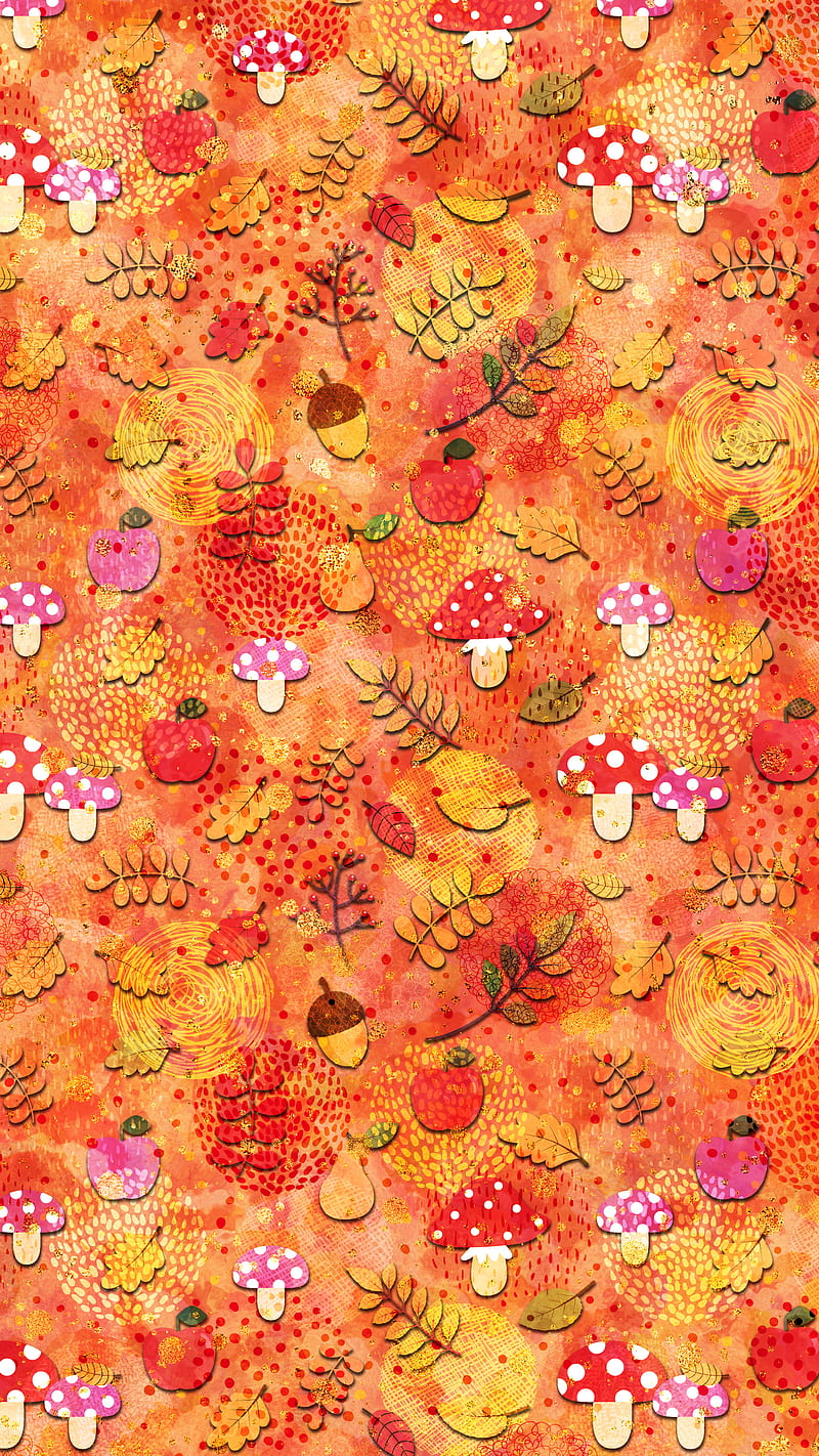 Fall Mushrooms Apples, Fall, Koteto, leaf; autumn; pattern; fall; yellow;  cartoon; red; twig; flat; simple; background; September; October, HD phone  wallpaper | Peakpx