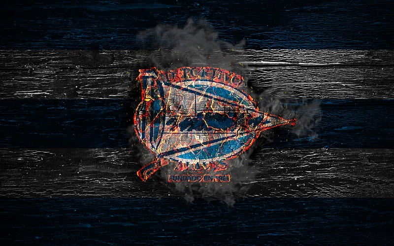 Deportivo Alaves FC, fire logo, LaLiga, blue and white lines, spanish football club, grunge, football, soccer, logo, Deportivo Alaves, wooden texture, Spain, HD wallpaper