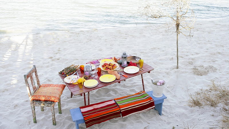 wonderful dining on the beach, table, beach, tree, sand, lunch, chairs, HD wallpaper