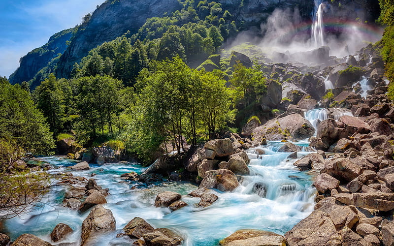 waterfall, mountain river, mountain landscape, spring, rainbow, forest, blue water, Switzerland, Alps, HD wallpaper