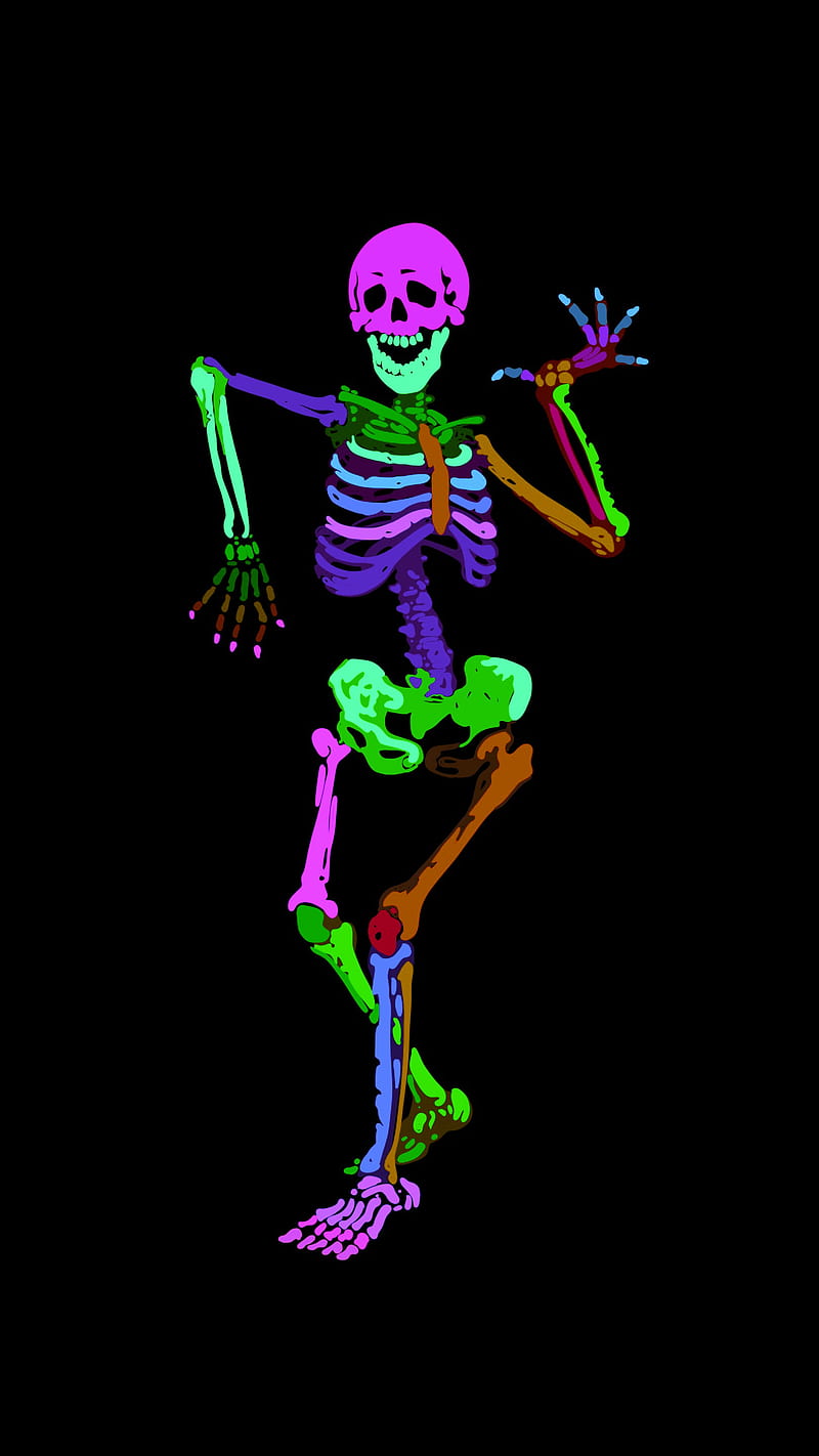 skeleton dance 3, bone, brown, chap, colorfull, face, figure, green, hand, head, jaw leg, orange, pink, plot, skelet, skull, skulls, violet, HD phone wallpaper