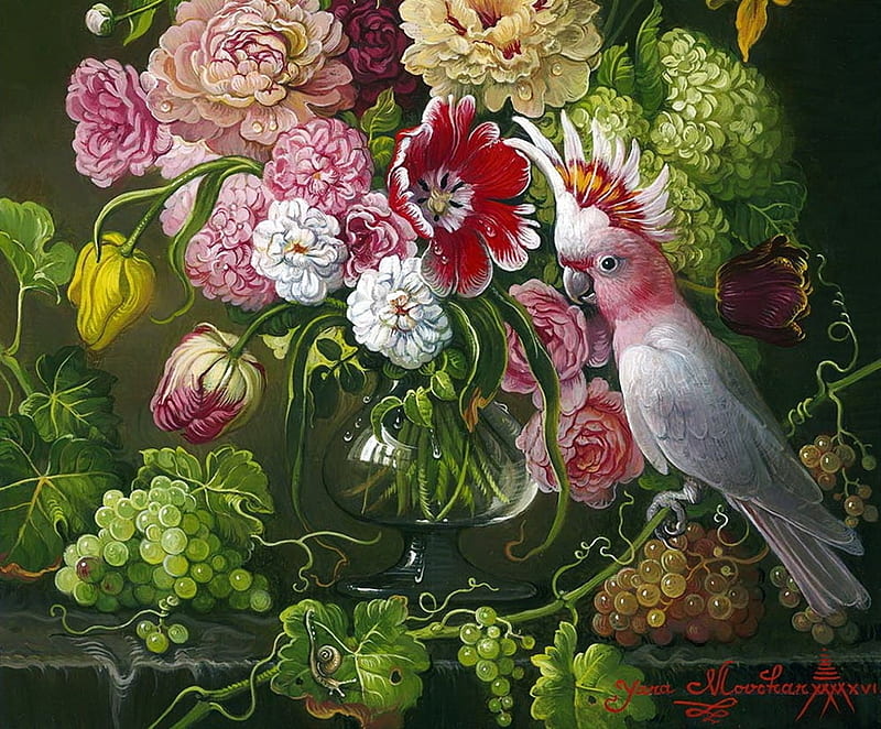 Still life, parrot, pink, art, fruit, grapes, green, bird, yana movchan, flower, painting, pasari, pictura, HD wallpaper