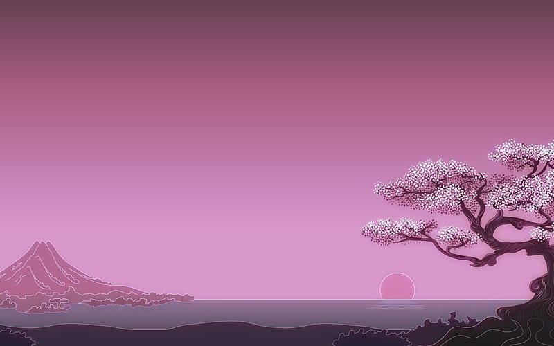 Mount Fuji, minimal art, sunset, sakura, japan, HD wallpaper