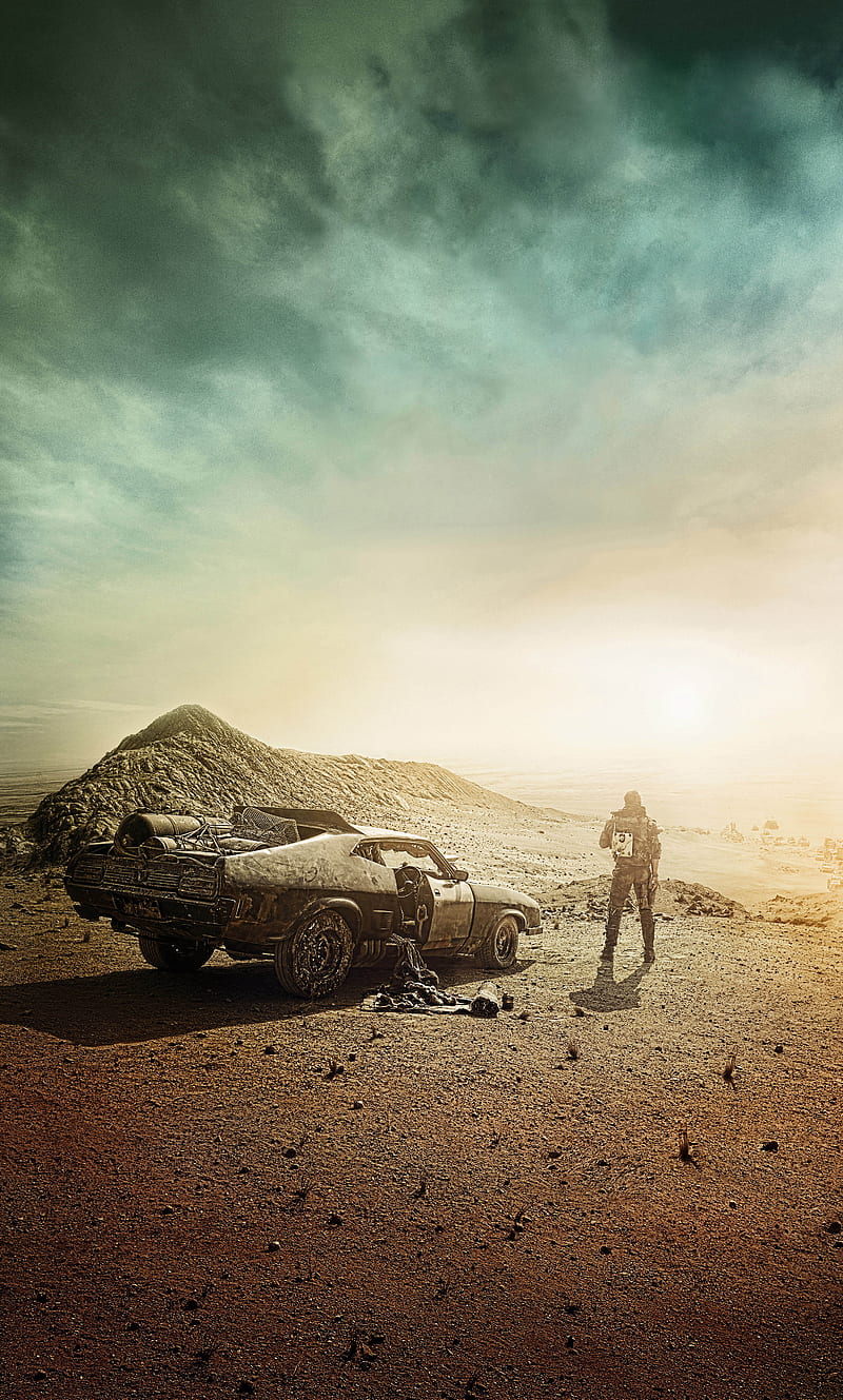 Mad Max, art, car, desert, fantasy, fury road, guns, sunset, guerra, HD phone wallpaper