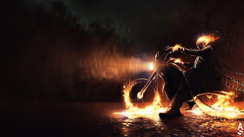 Ghost Rider On Bike Fire, ghost-rider, superheroes, artist, artwork, digital-art, artist, HD wallpaper