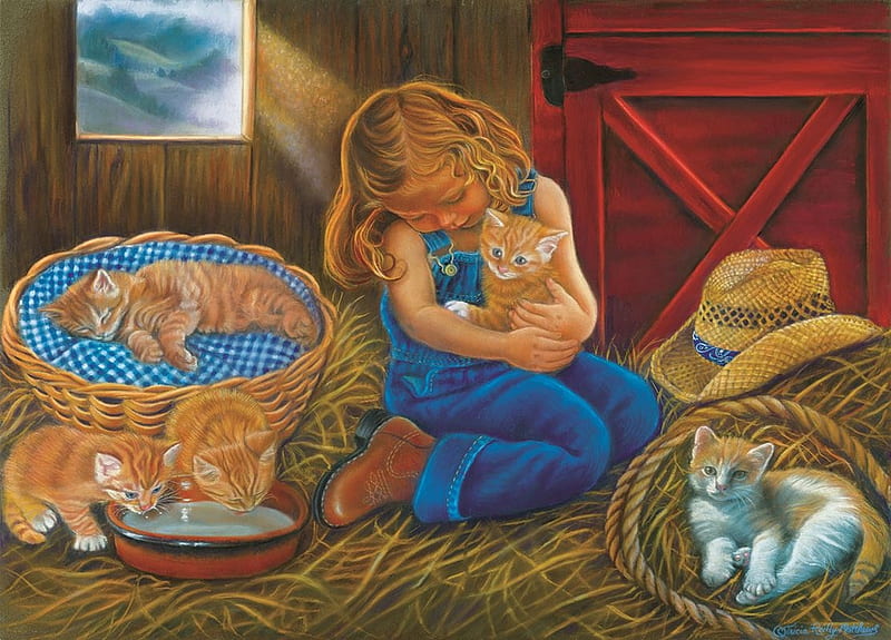 Love at first sight, art, cowgirl, hay, cat, hat, copil, little girl, painting, child, tricia reilly matthews, kitten, pisici, pisica, HD wallpaper