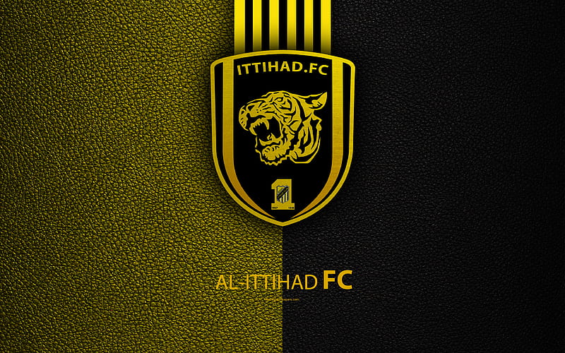 Al-Ittihad Saudi Football Club, leather texture, logo, yellow black lines, Saudi Professional League, Jeddah, Saudi Arabia, football, HD wallpaper
