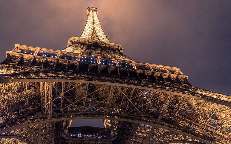Paris, Eiffel Tower, bottom view, night, lights, night sky, France, attractions, Paris landmarks, HD wallpaper