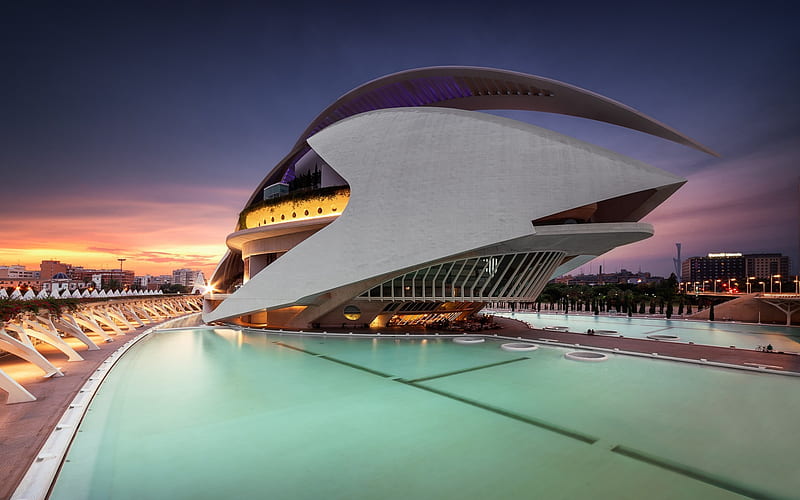 City of Arts and Sciences, Valencia, architecture complex, modern architecture, evening, sunset, landmark, Spain, HD wallpaper