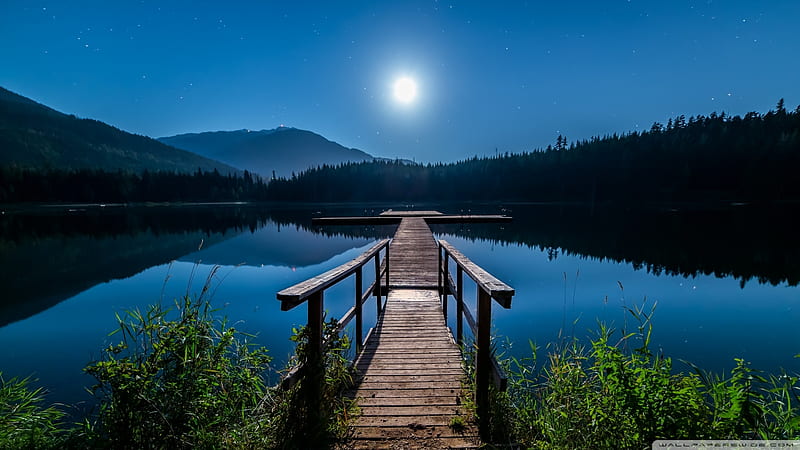 Lost Lake Whistler,British Colombia,Canada, moon, Whistler, mountains, pier, nature, trees, lake, night, HD wallpaper