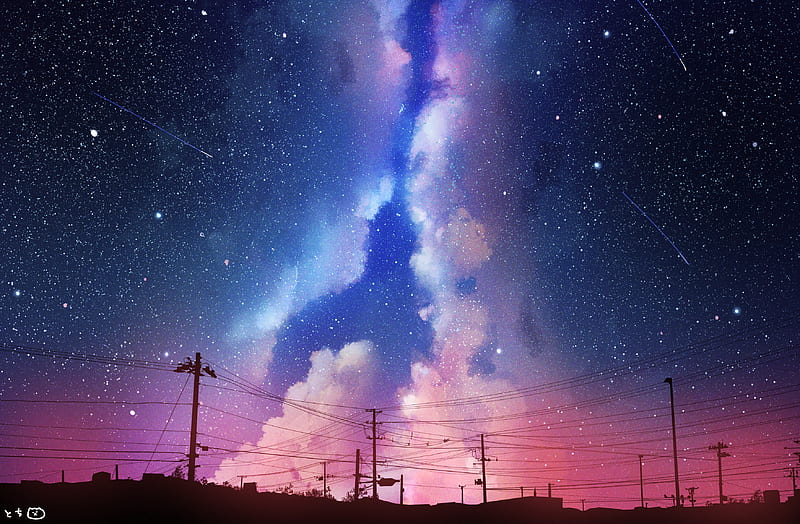 anime sky, night, scenic, starry sky, dark, clouds, falling stars, Anime, HD wallpaper